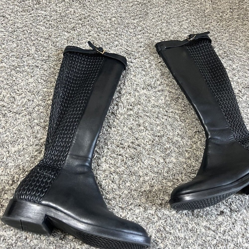 Cole Haan Grand OS Tall Riding Boots Lexi Black Leather/Stretch Woven 5 B Zip - Picture 2 of 10
